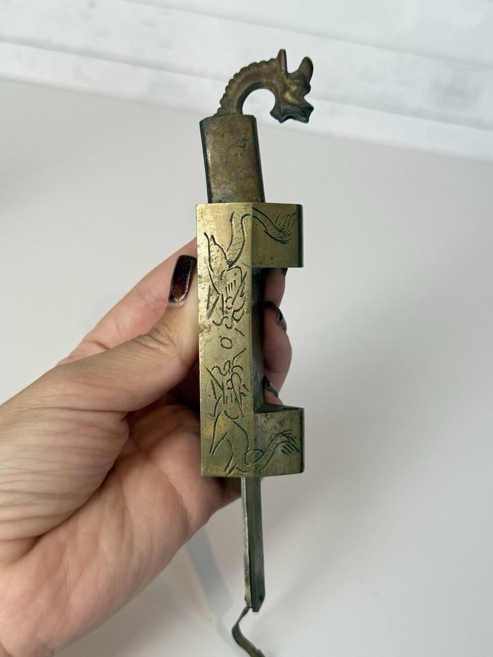 Vintage Chinese Brass Sliding Padlock Dragon Bird Engraved Lock Marked China